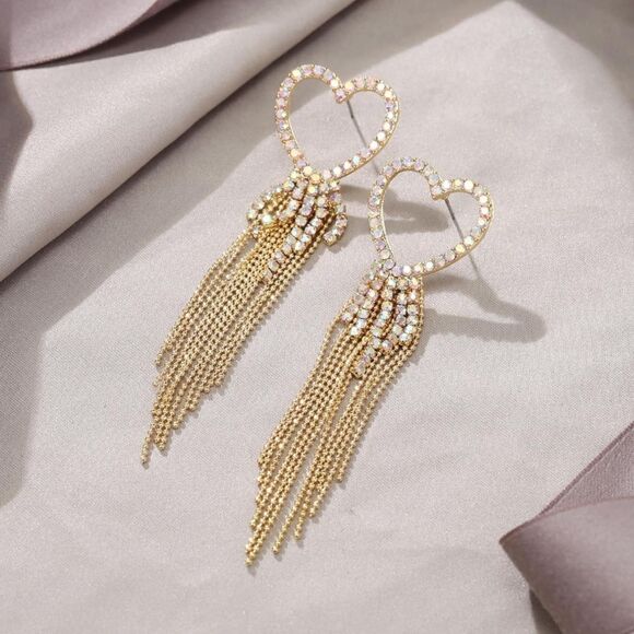 Yellow Gold with Iridescent AB Crystal Heart Beaded Tassel Post Back Earrings - Picture 2 of 5